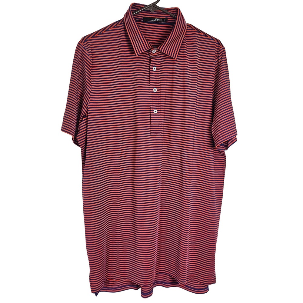 RLX Ralph Lauren Mens Large Orange Navy Blue Striped Performance Golf Polo Shirt